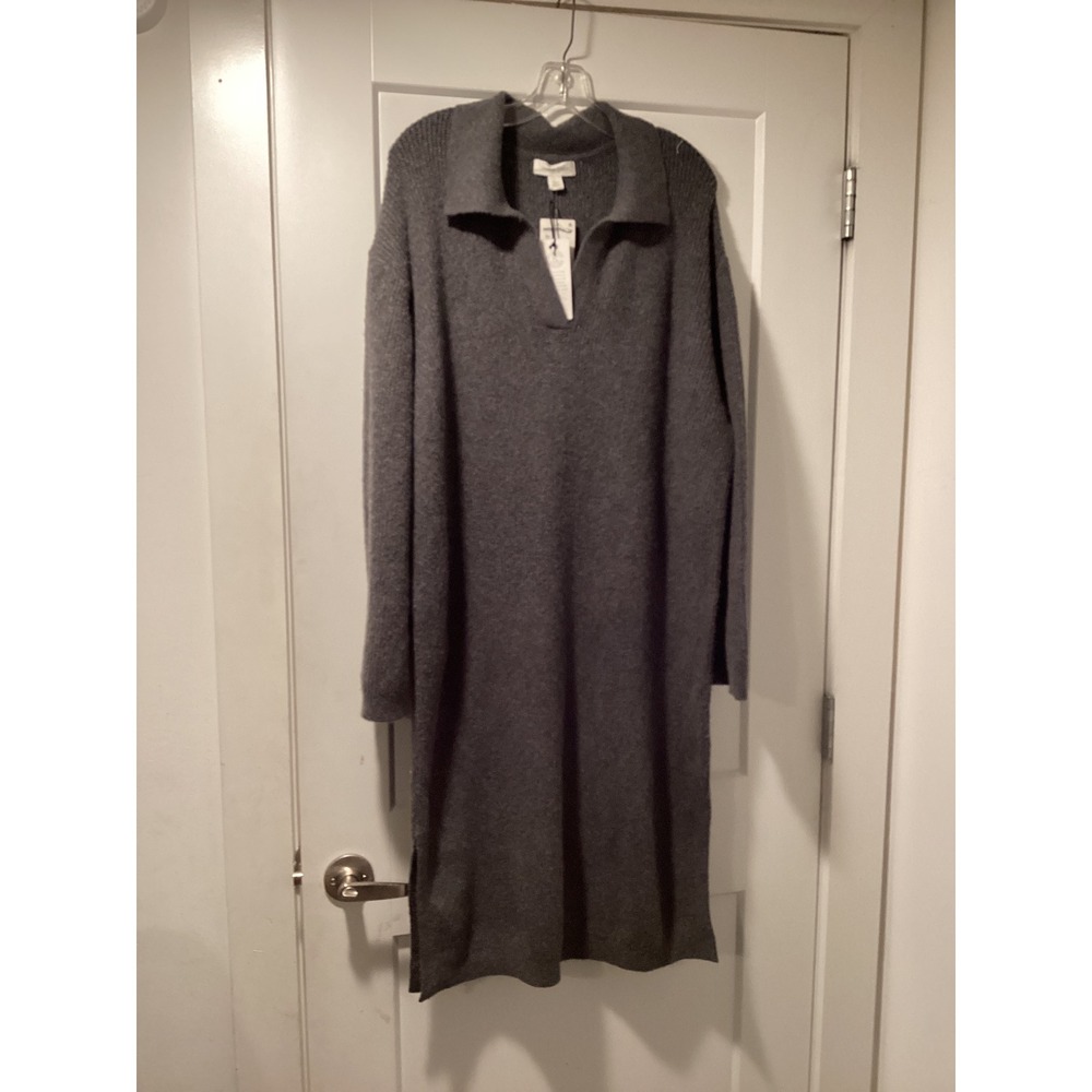 Treasure & Bond Women Gray Ribbed Knit Polo Collar Midi Sweater Dress NWT